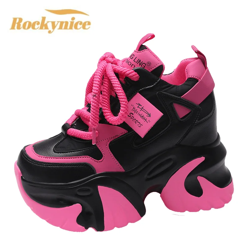 Women High Platform Casual Leather Shoes Autumn Lace-up Chunky Sneakers 10CM Wedges Hidden Heels Leisure Shoes