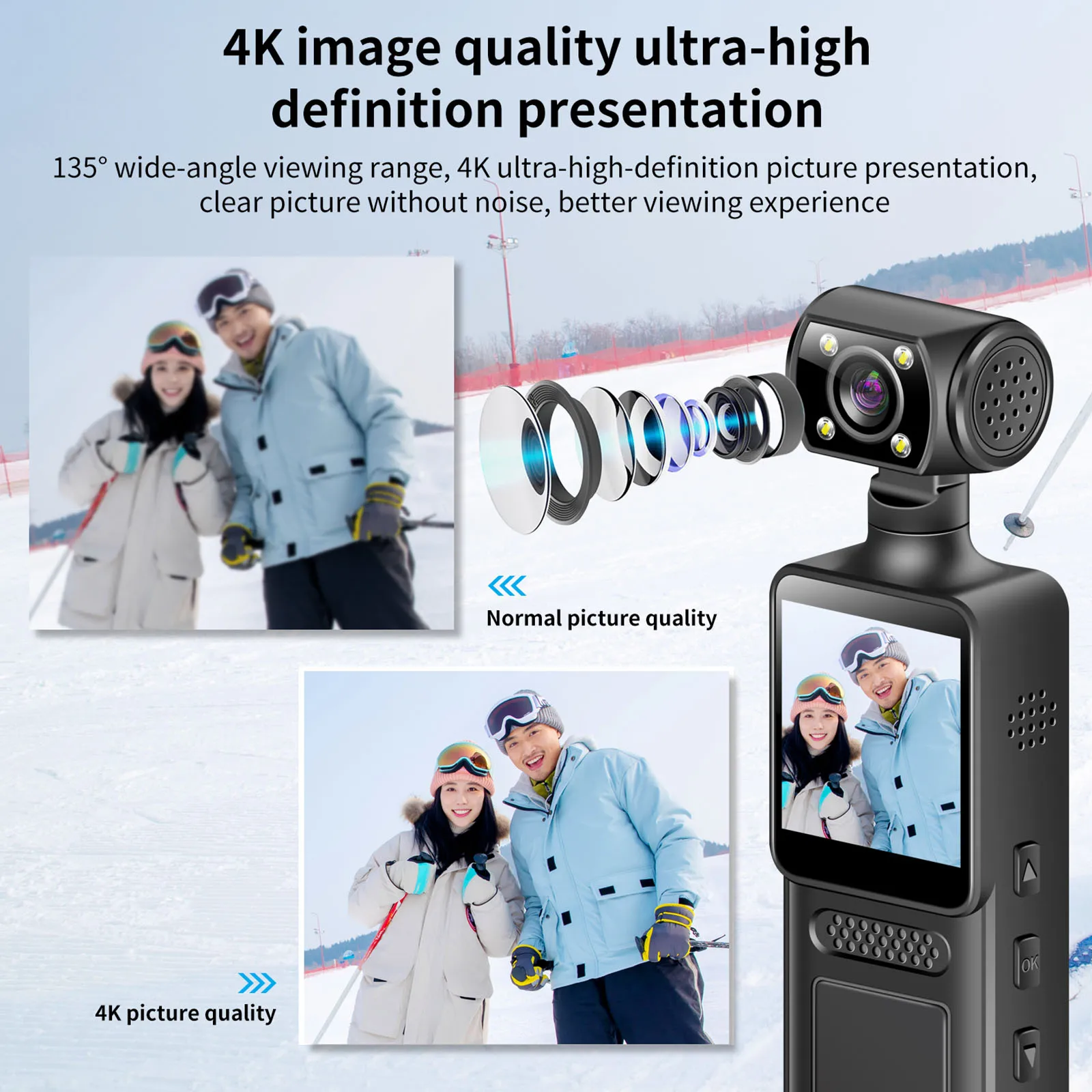 4K WiFi 바디 카메라, 180도 회전 렌즈 장착, 야외 스포츠용 바디캠코더