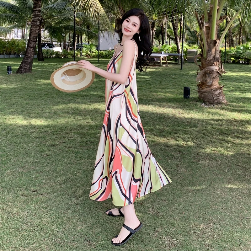 

2024 Elegant Lolita Deep V Dresses Print Strappy Korean Fashion Midi Clothing Long Loose Stylish Simple Beach Sundress for Women