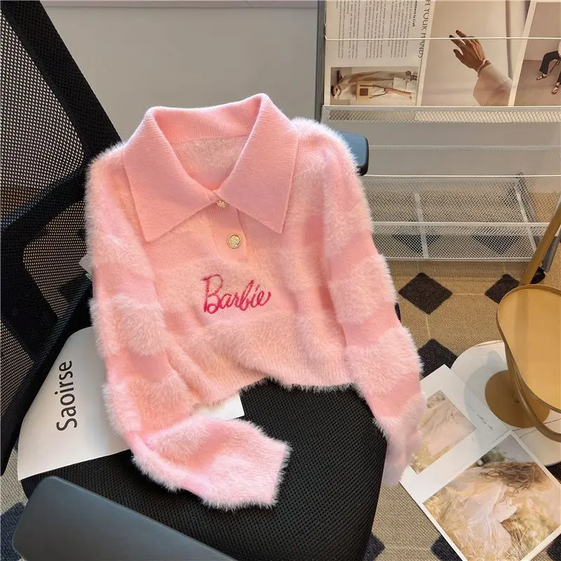 

Anime Kawaii Barbie Cartoon Cute and Sweet Letter Embroidery Polo Collar Short Sweater Sweater Mink Velvet Casual Top