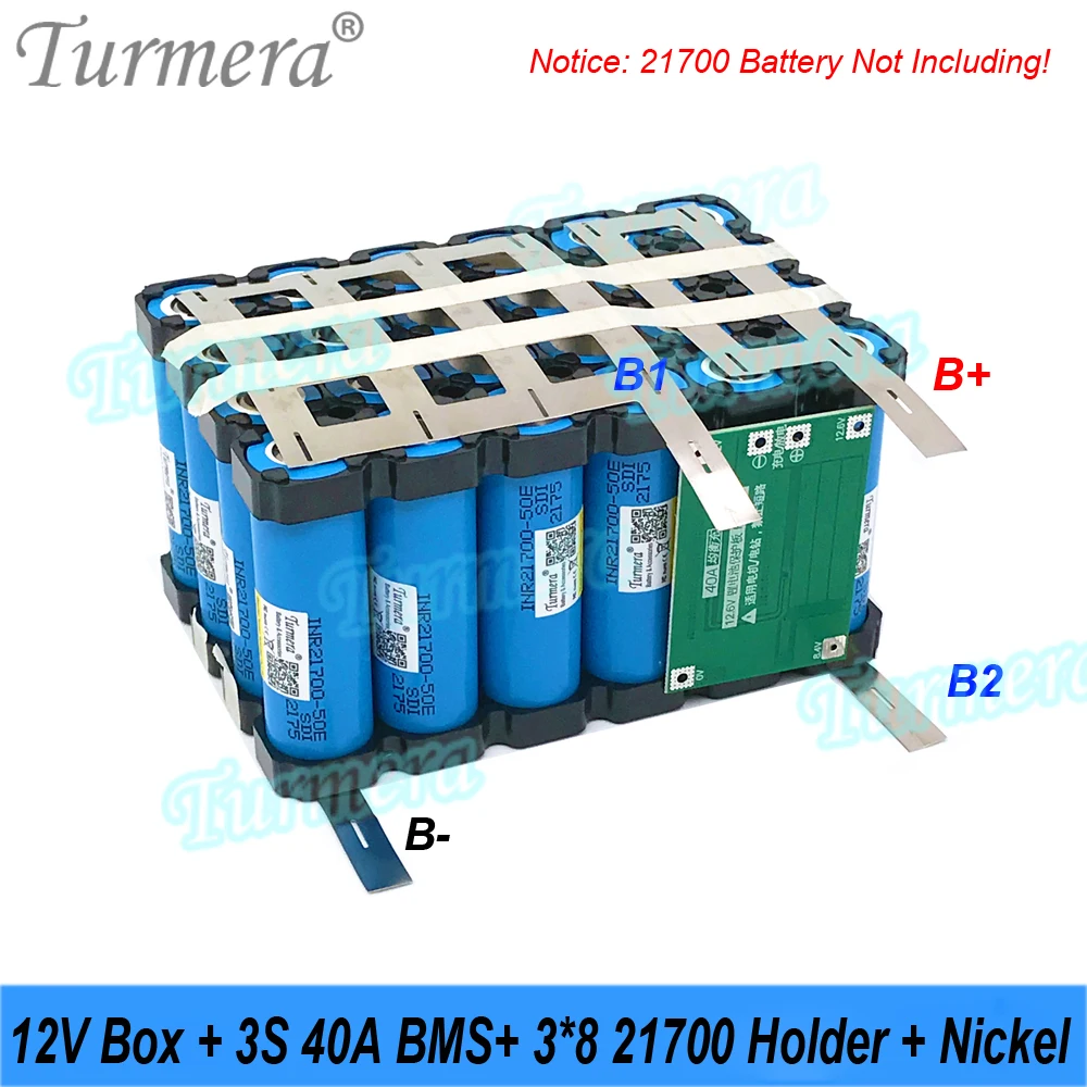 Turmera 오토바이 배터리 보관함, 납 사용 교체용 솔더 니켈 포함, 3S 40A BMS, 3x8 21700 홀더, 12V 24Ah  40Ah