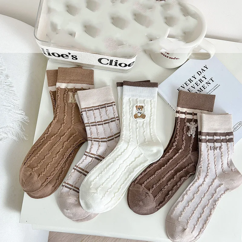 

Cartoon Woman Sock Embroider Bear for Women Socks Casual Kawaii Fashion Sweet Middle Tube Sox Cotton Thin Spring Summer Sokken