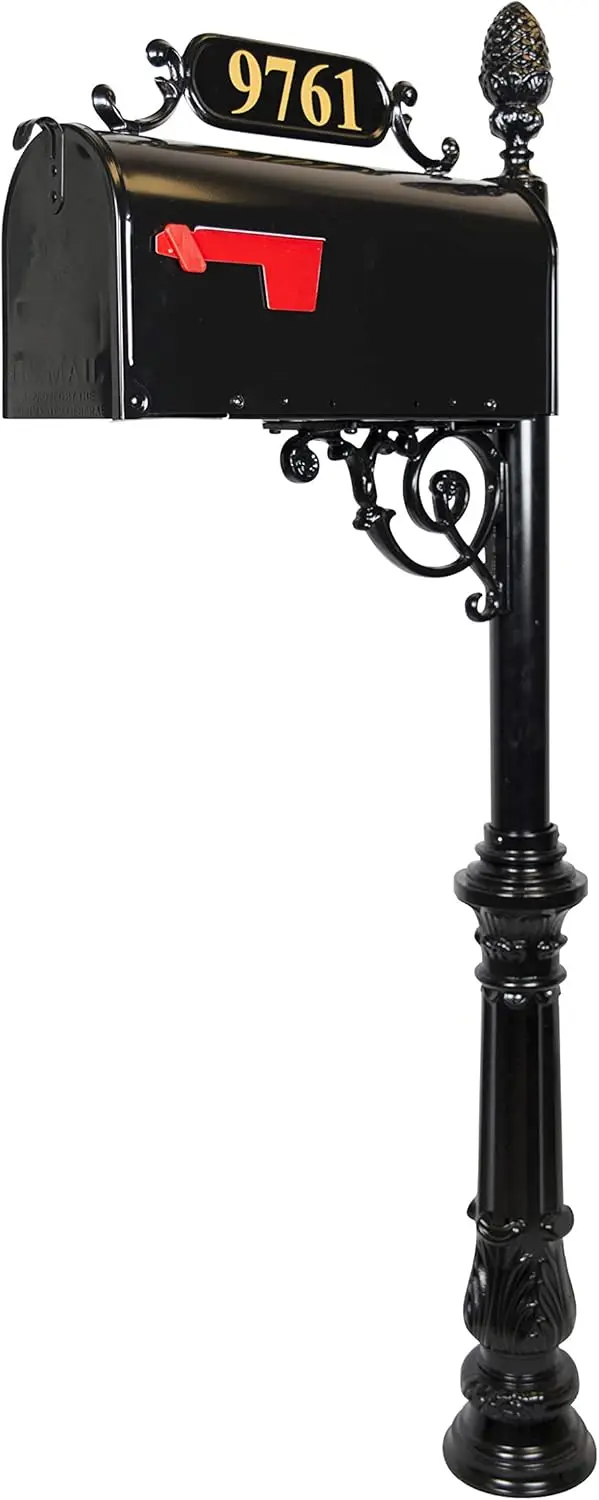 ADDRESSES OF DISTINCTION Charleston Mailbox Post System Black Rust Resistant Mailbox Includes Address Plaque Numbers Scroll