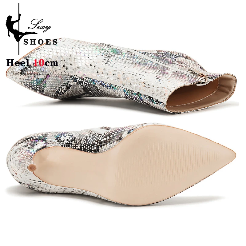 Women's Thin Heel Short Boots Holographic Snake Print Leather Heels Spring Autumn Pointed Ankle Boots Big Size 44 Ladies Shoes