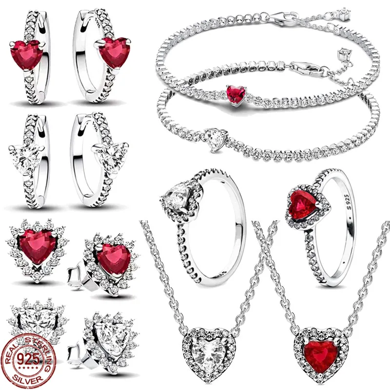 

Exquisite Women's Jewelry 925 Sterling Silver Classic Shining Heart shaped Earrings Bracelet Necklace Set Holiday Surprise Gift