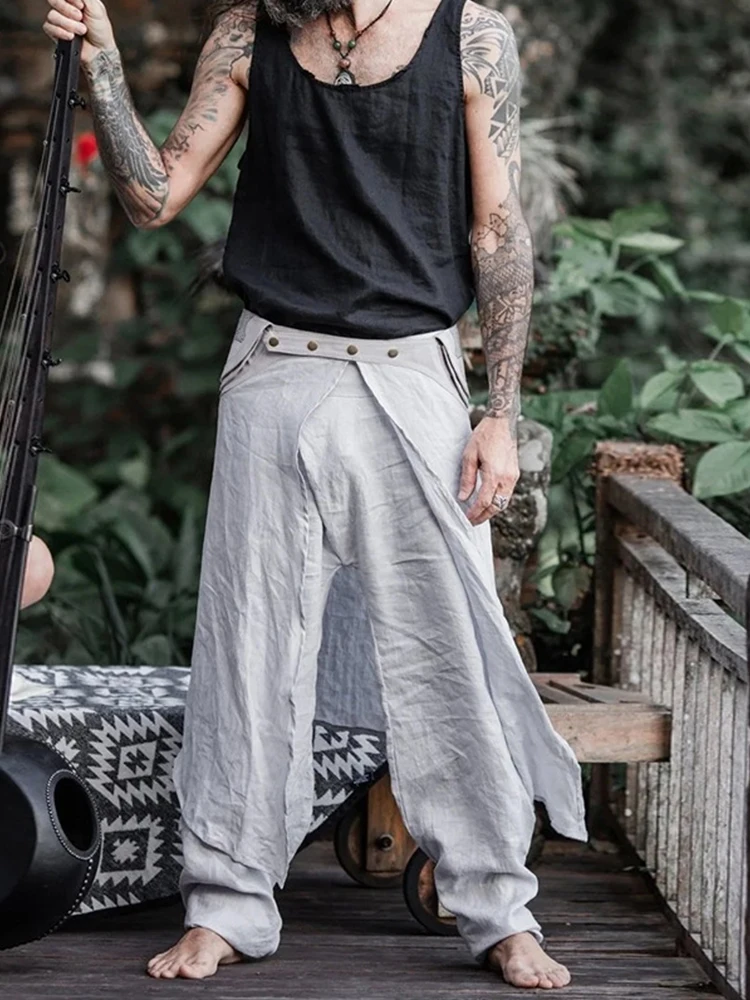 

Mens Linen Wrap Pants with Skirt Overlay and Pocket Belt / Grey