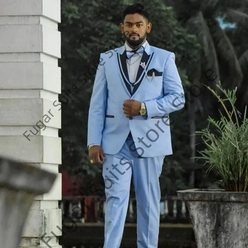 Sky Blue Plus Size Wedding Suits For Men Custom Tuxedos Groom Prom Party 2 Pieces Sets Business Male Blazer (Jacket+Vest+Pants)