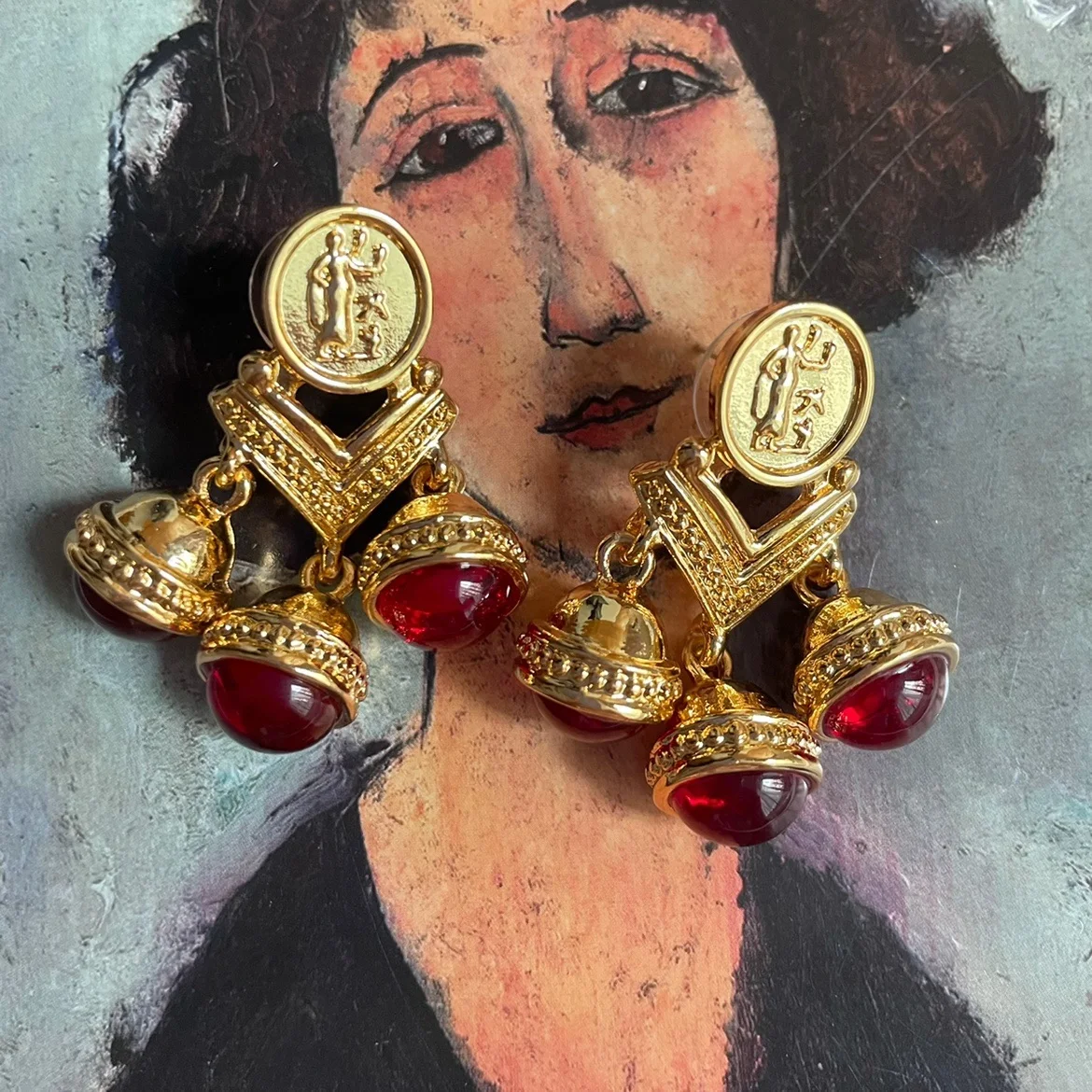Vintage red glass bell eardrop court embossed gold coin stud earrings for women