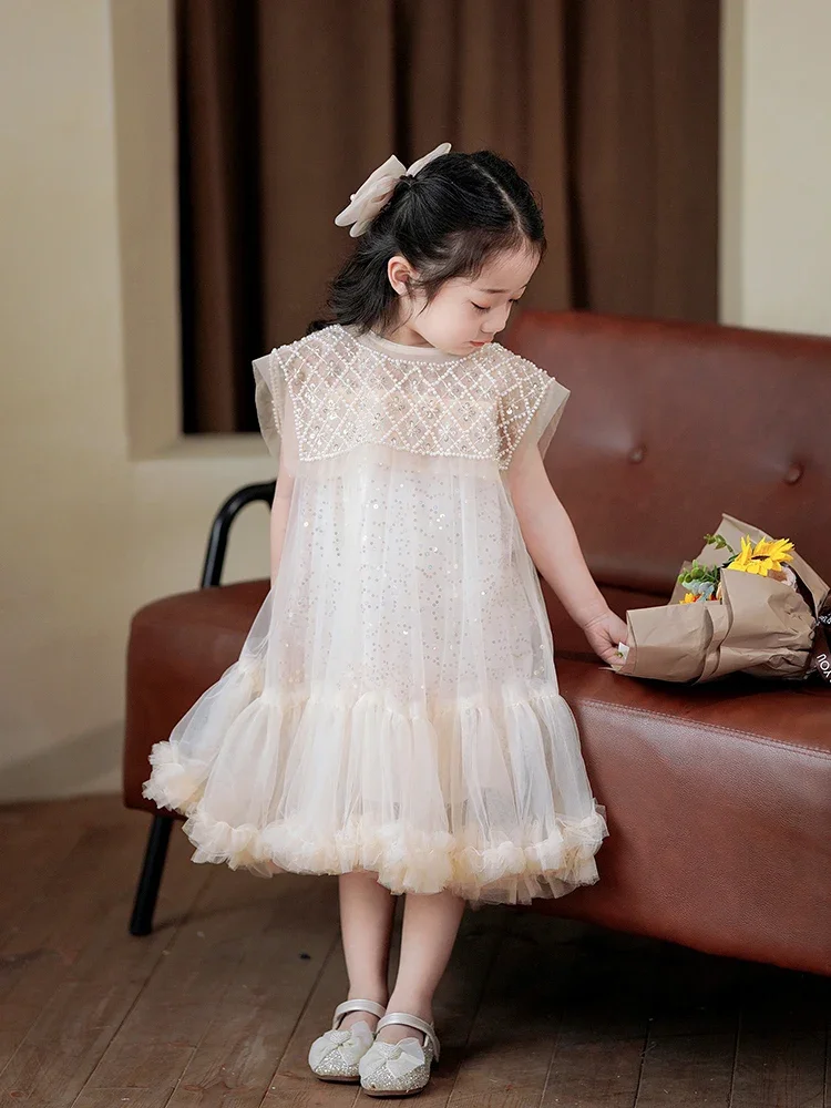 Princess dress with pearl collar for children, casual clothes for girls, spring and summer clothes, Korean fashion, yarn