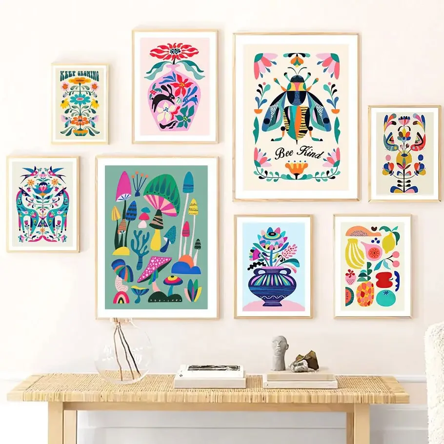 

Mushroom Bee Flower Leaves Animals Boho Abstract Wall Art Canvas Painting Posters And Prints Wall Pictures For Living Room Decor