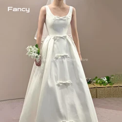 Fancy Simple Square Neck Wedding Dress  Korea Photo Shoot A Line Sleeveless Bow Floor Length Bridal Gown Corset Back
