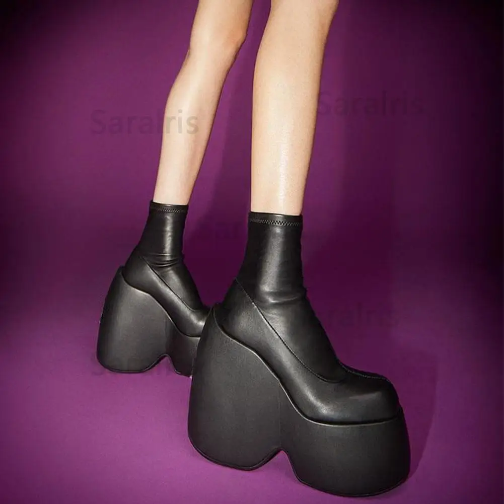 New Fashion Spring Autumn Solid Ankle Boots Chunky Platform High Thick Heels Comfy Walking Gothic Street Style Women Shoes