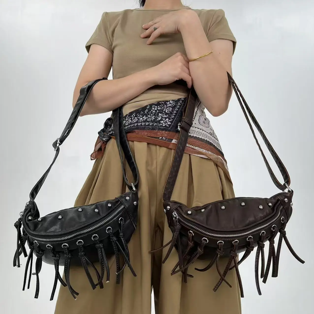 Punk Style Rivets Design chest pack PU Leather Shoulder Bags for Women 2025 Y2K Fashion Luxury Crossbody Bag Female Handbags