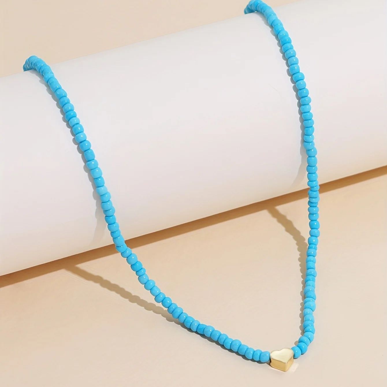 Bohemian Heart Blue Beaded Rice Necklace Womens Fashion Accessory