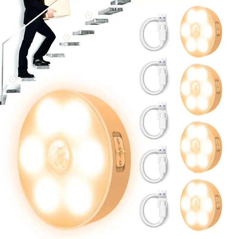 

5 Pcs Round Motion Sensor Night Light Led Wall Lamps Rechargeable Auto/On/Off Under Cabinet Light Wireless Closet Night Lamp