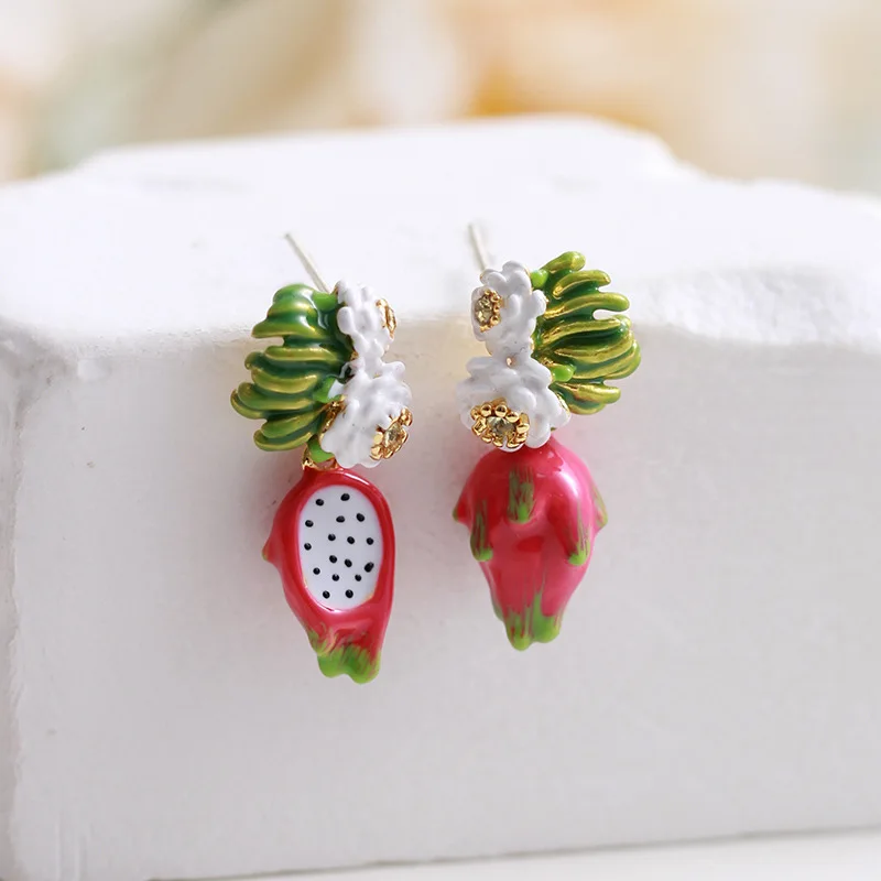 Dragon Fruit, Foglie Verdi, Orecchini Pitaya Dolci Con Orecchini A Bottone Smaltati