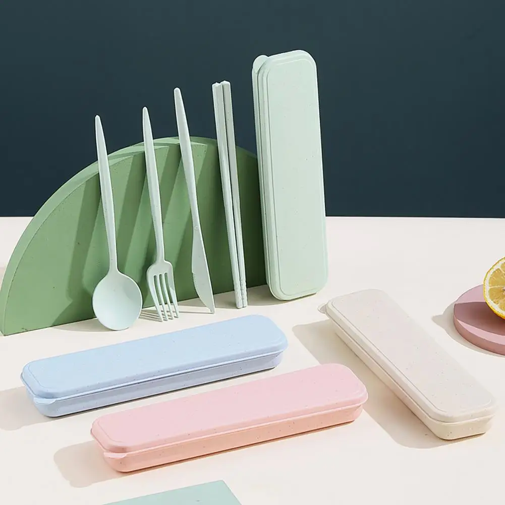 4PcsSetReusablePlasticCutlerySetwithStorageBoxStudentsSpoon