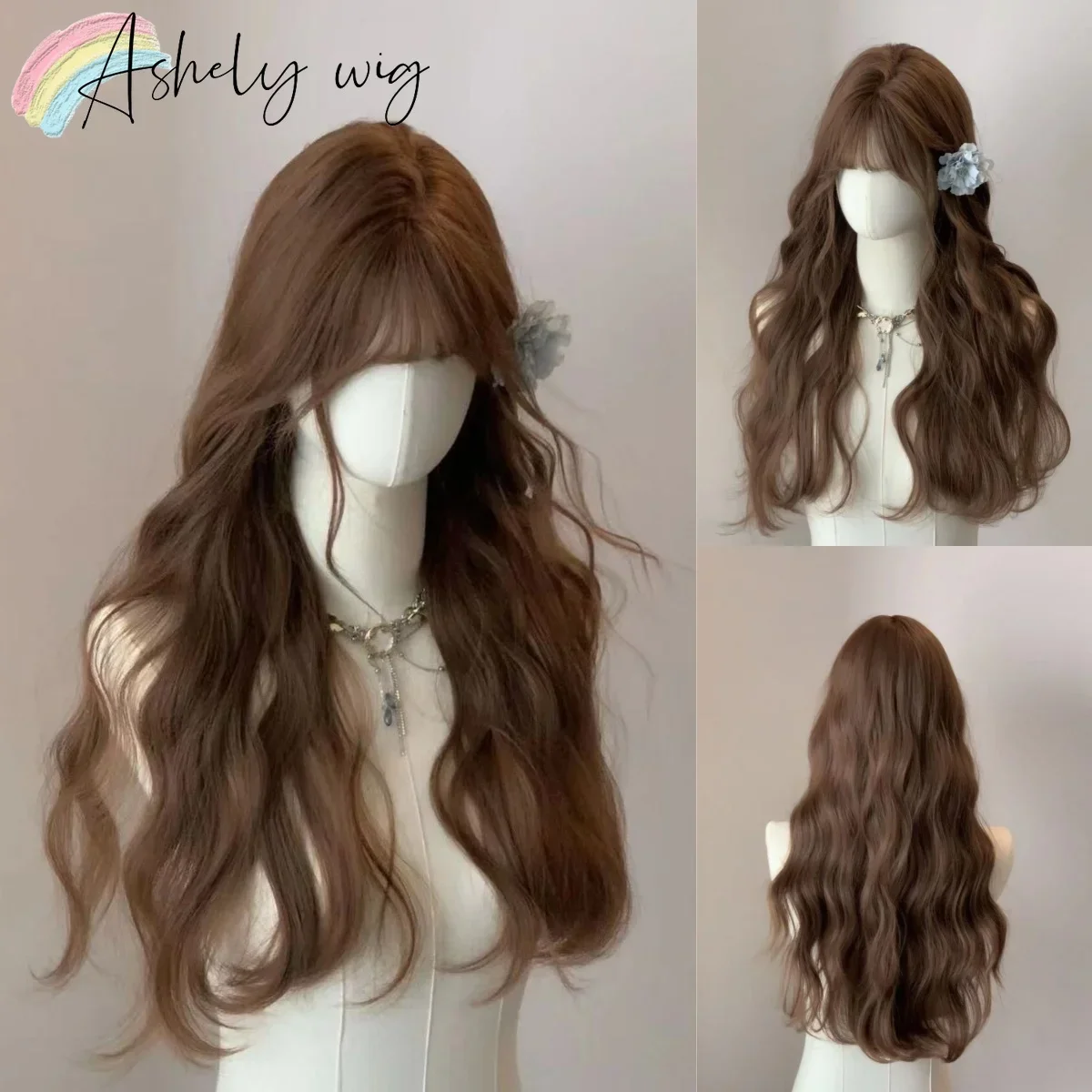 Brown Wig with Bangs Long Curly Wavy Natural Hair for Women 24inch Heat-resistant Fiber Synthetic Wigs Cute Lolita Wig Peruca