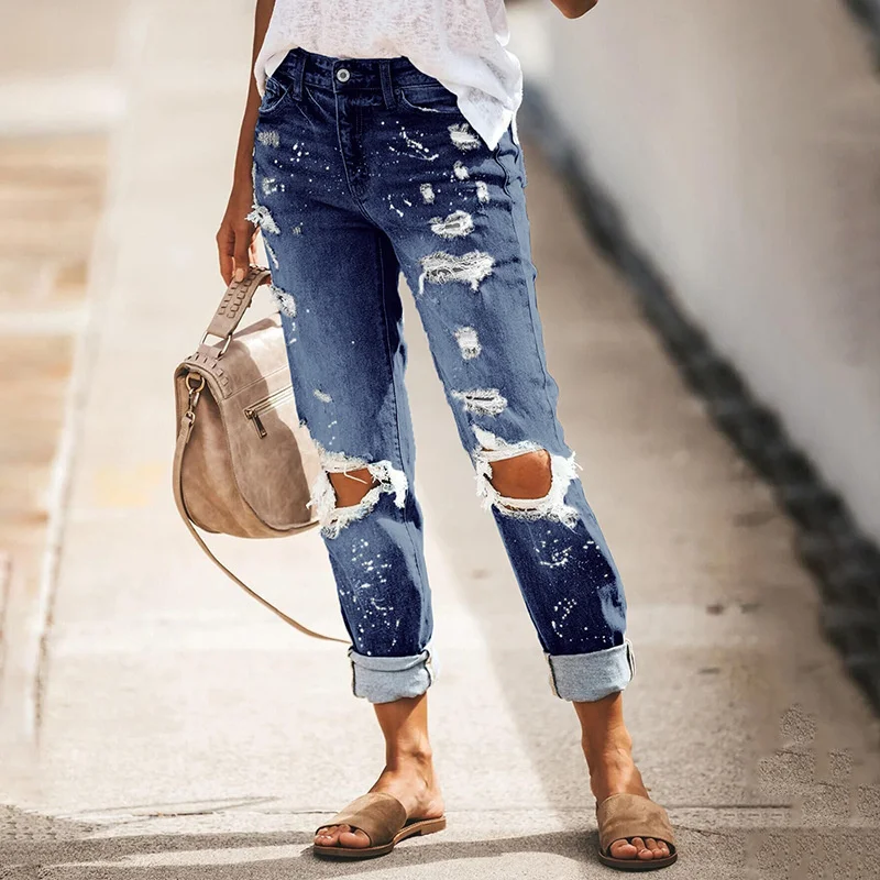 Fashion Summer Broken Holes Straight Denim Pants Women Washable Street American Style Vintage Jeans Mid Waist Button Trousers 22