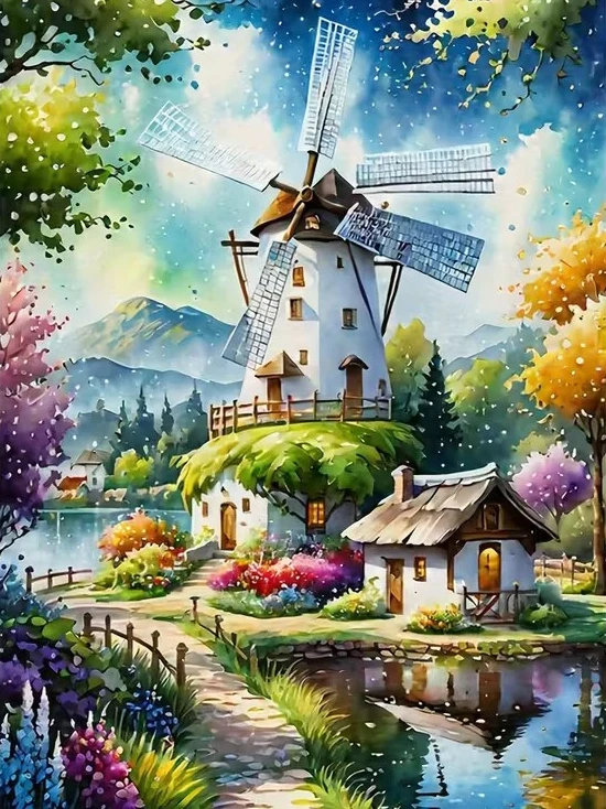Het ontwerp: een witte molen met vier wieken boven een bloementuin en een spiegelende vijver, in aquarelstijl