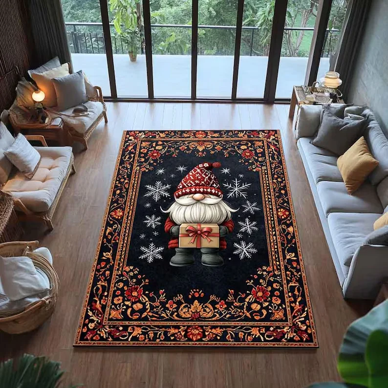 Kar Taneleri Desenli Noel Ren Geyiği Halısı, Tatil Kırmızısı Kış Halısı, Şenlikli Noel Oturma Odası Ev Dekoru Rahat Mevsimlik Halılar