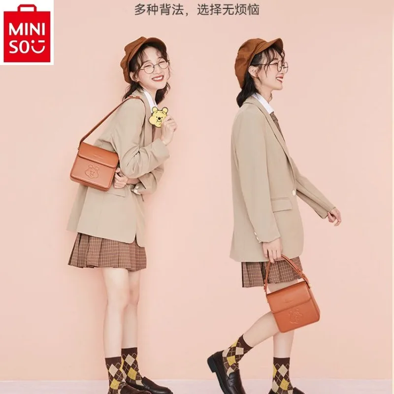 MINISO Disney Cute Winnie Bear Underarm Bag for Women's Advanced Fashion High Quality PU Handheld Storage Phone Bag