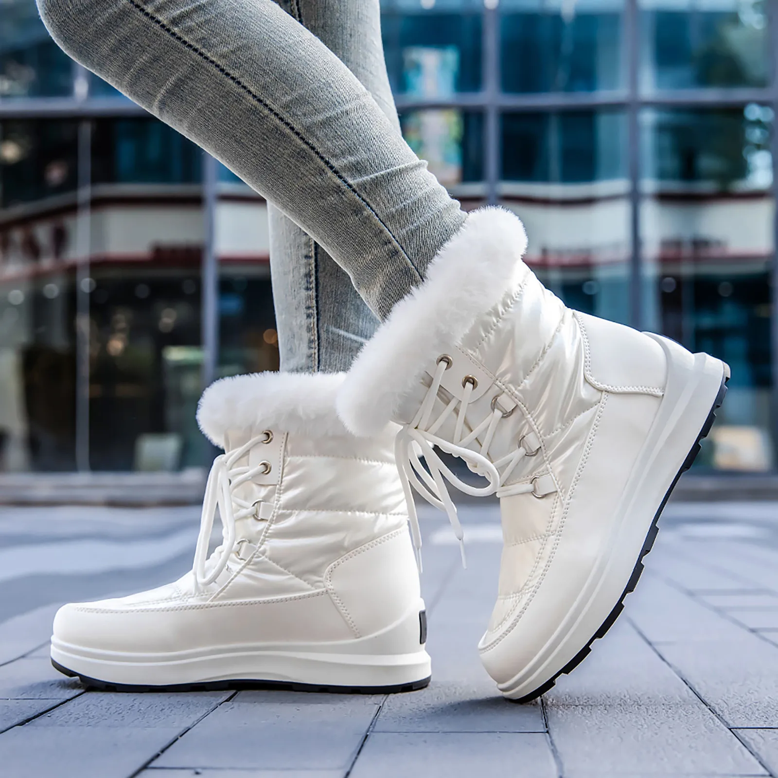 

Women Winter Flat Boots Lace Up Water Keep Snow Proof Warm Boots Plush Shoes Non Mid Slip Comfortable Fur Boots Ankle Shoes Bota