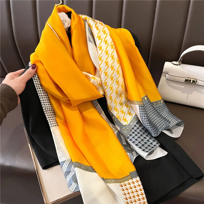 Vintage grüner Lotus druck Seiden schal Frauen eleganter Schal klassischer wind dichter Satin Kopf wickel Reise Strand tuch 180*90cm – Detail 10