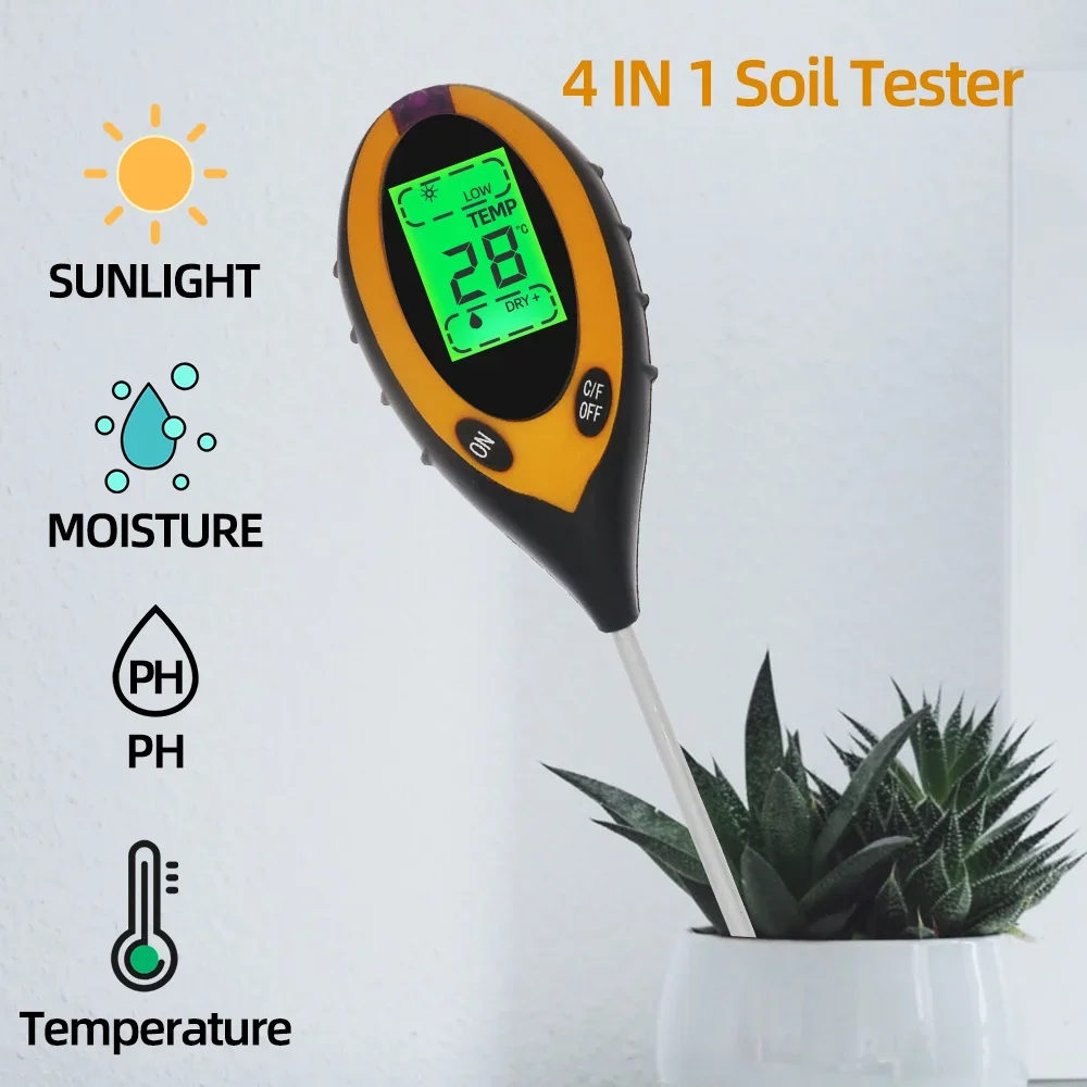 4-in-1 Bodentester PH-Feuchtigkeits-Temperatur-Blumenmessgerät Bodenfeuchtigkeitsmonitor Säuremessgerät für Gartenpflanzen