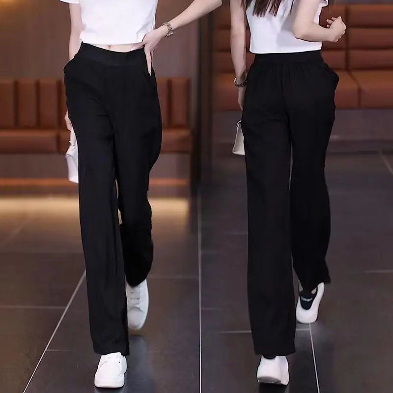 Simplicity Casual Women's Solid Elastic High Waist Trousers Fashion All-match Straight Wide Leg Pants Summer Female Clothing