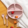 3PCS Silicone Baby Tableware Wooden Handle Fork Spoon Suction Feeding Dishes Baby Meal Tray Feeding Training Sets For Children 1