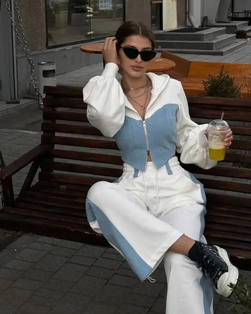 Denim Patchwork Top+pant 2 Piece Sets Women's Spring Fashion Zipper Hoodies Coat Outfits Casual Wide Leg Sweatpants Suit Women 1