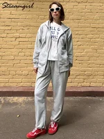 Autumn Sweatpants Set Women White Oversize Sweatshirt With Zipper And Hood Tracksuits Set Women Two Piece Gray Sports Pants Suit