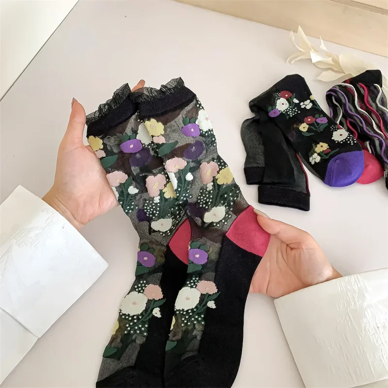 3 paia di calzini da donna calzini neri di nuova moda traspiranti Casual Sweet Girls Thin trasparente Crew SocksSet Comfort di colore misto