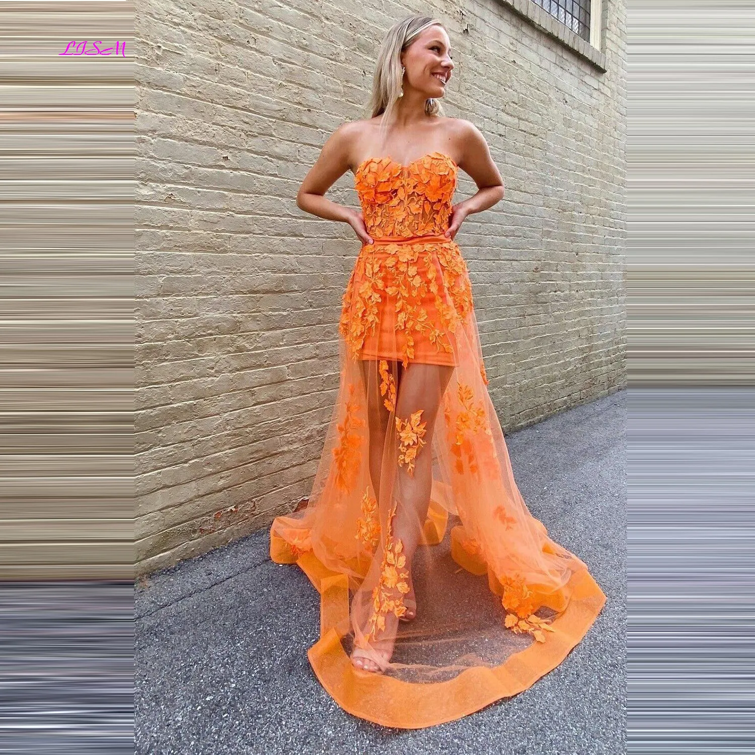 

Orange Sheath Corset Long Prom Dress with Applique Charming Sweetheart Evening Dresses 2024 A-Line Floor Length Tulle Party Gown