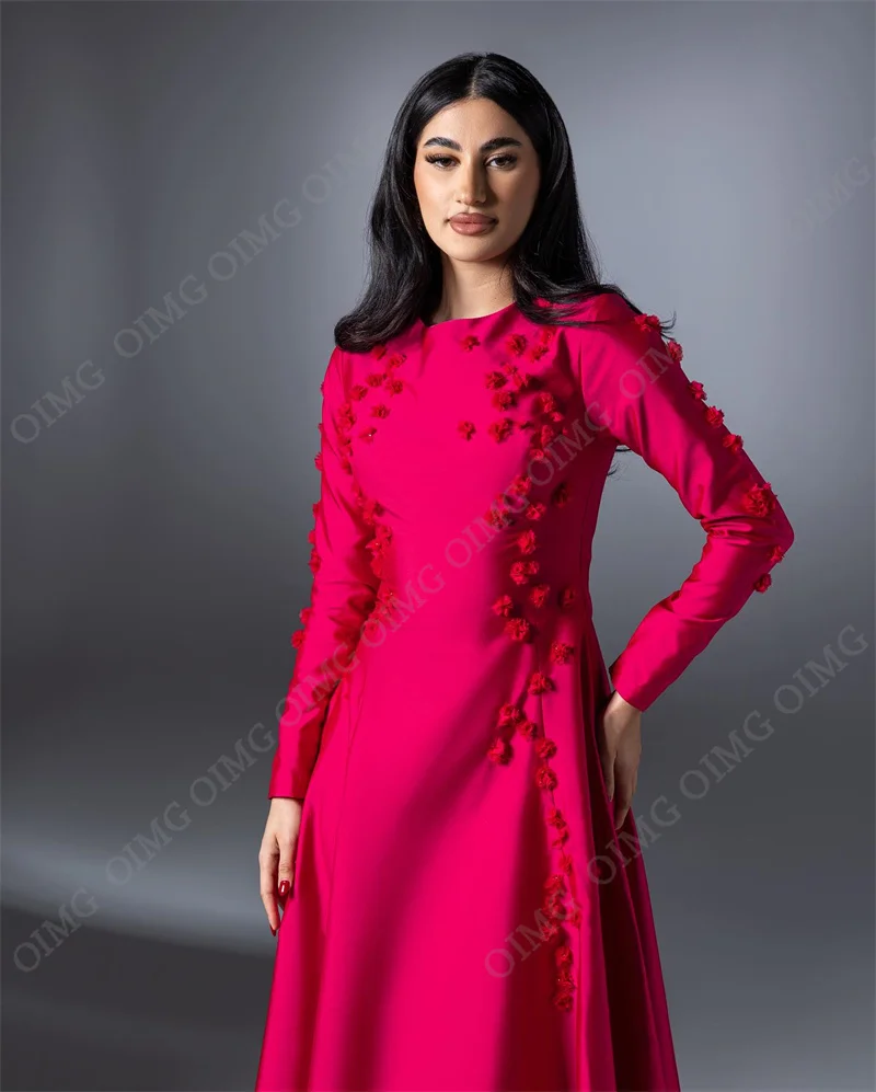 OIMG Fuchsia Flowers A Line Dubai A-Line Evening Dress Full Sleeves Saudi Arabic Formal Party Gown Vestidos Dresses Customized party dress