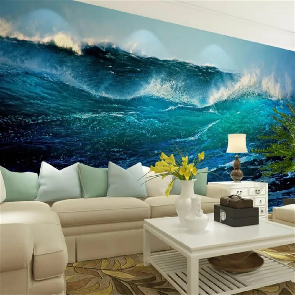 Papéis de Parede Personalizados Blue Ocean Wave Papel de Parede 3d para Sala de Estar Adesivos de Paisagem do Mar Profundo