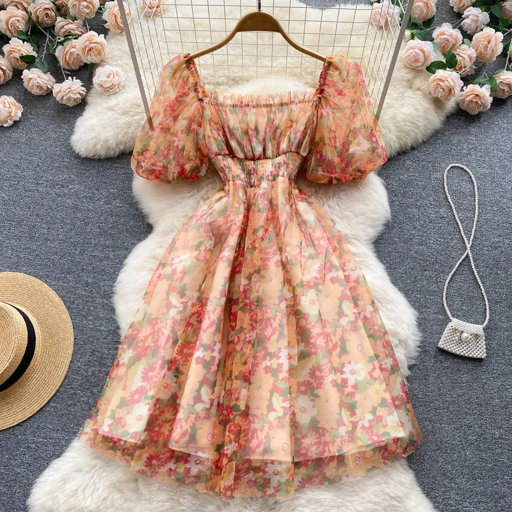 

French Style Gauze Chiff Dress Women Summer Square Collar Puff Sleeves Flower Printing Dresses Fresh Sweet Mid Long Skirts