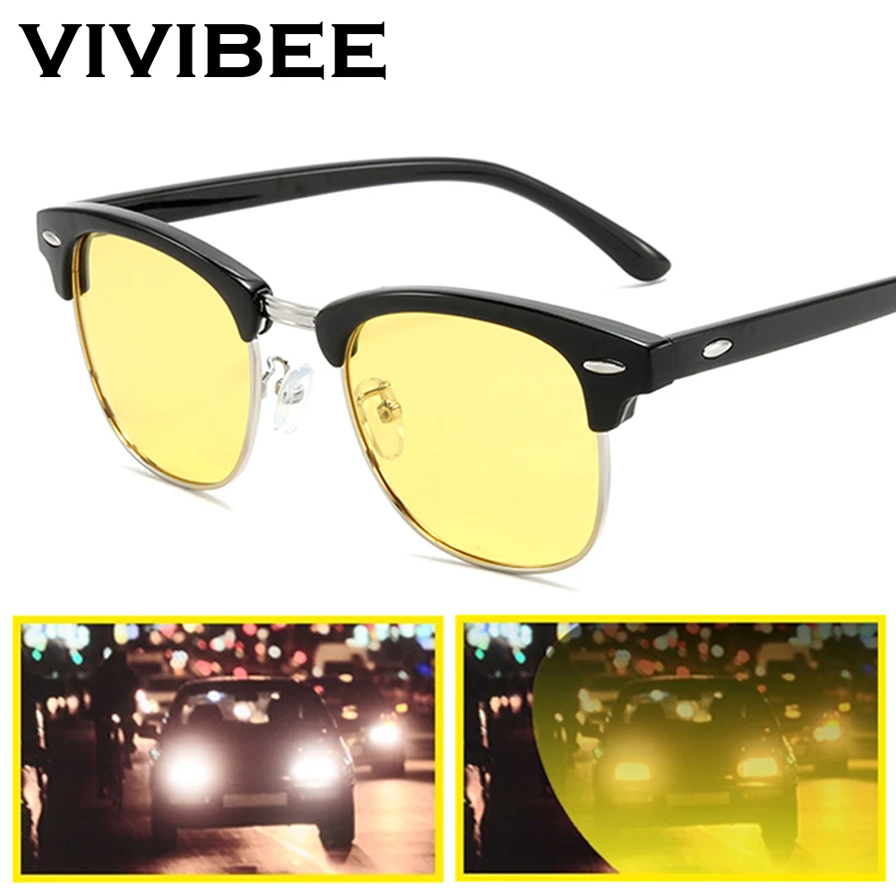 VIVIBEE Classic Polarized Night Vision Driving Glasses Yellow Lens Brand Designer Sunglasses Retro UV400 Shades