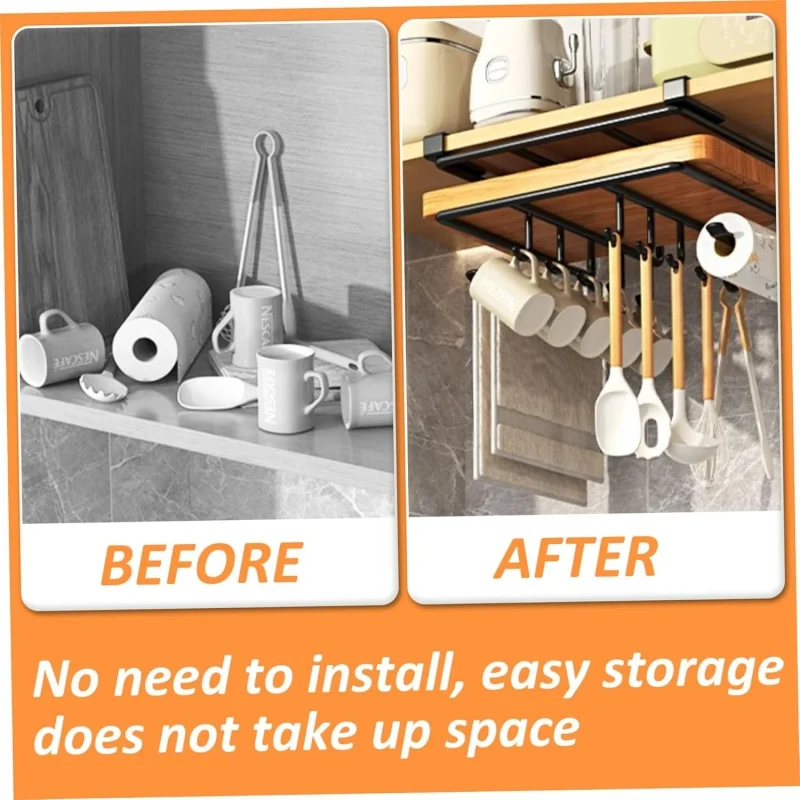 Kitchen Shelves Hanging Organizer Rack with Hooks Under Cupboard Paper Towel Rags Hanger Cutting Board Pot Cover Holder Storage 4