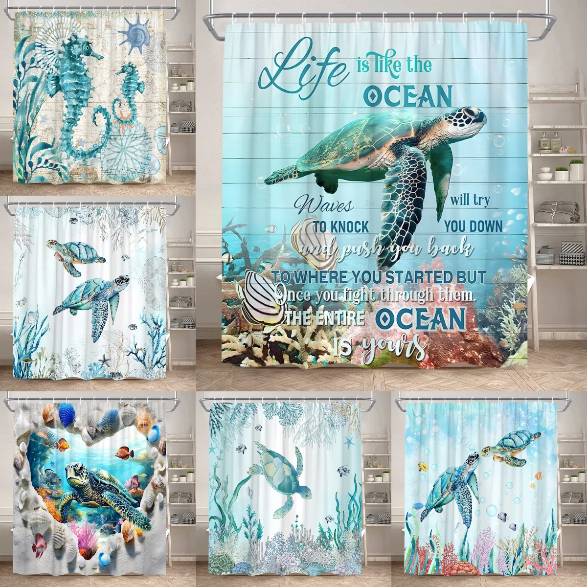 

Занавеска для душа с морскими животными, винтажная черепаха-осьминог, якорь, коралл, тропические рыбы для детей, комплект декора из полиэстера для ванной комнаты