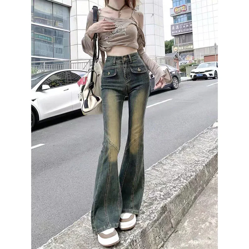 Winter Vintage Flare Jeans Women Streetwear High Waist Chic Casual Y2K Denim Pants Female Korean Style Harajuku Slim Pants 2024