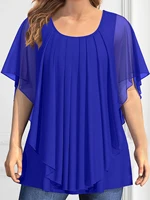 Women's Plus Size T shirt Casual Purple Chiffon Double Layer Flutter Sleeve Pleated Vintage Fashion Summer  Tee Tops 2024