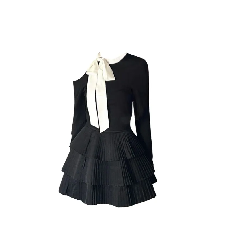 

2024 Autumn Long Sleeve Bow Causal Women Cake Dress All Match Off Shoulder Sexy Chic Fashion Elegant Vestido De Mujer