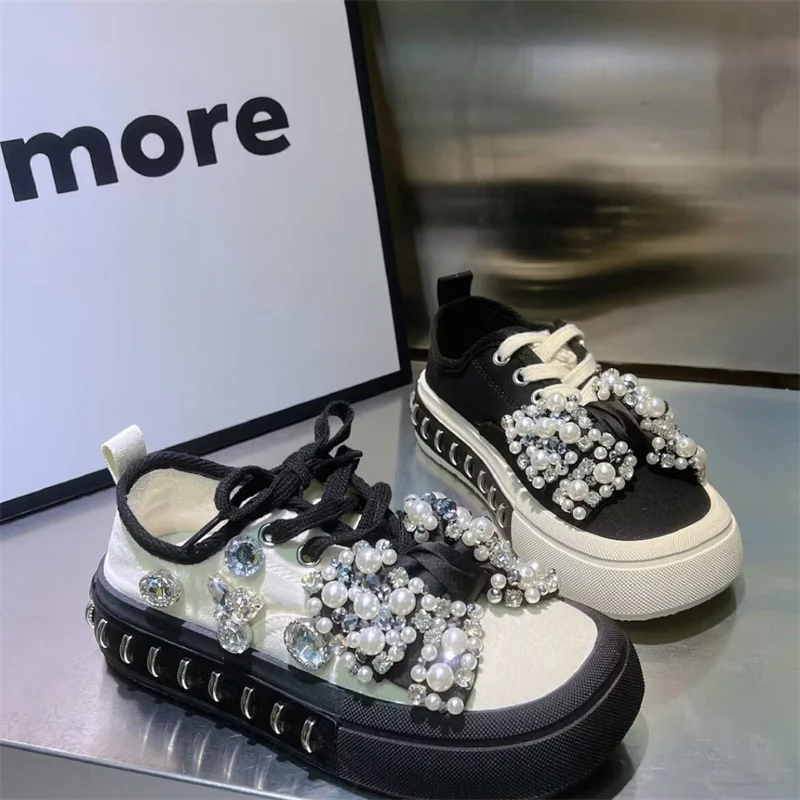 

Thick bottom waterproof table handmade custom canvas pearl rhinestones butterfly decorative lace-up casual shoes women's 35-40