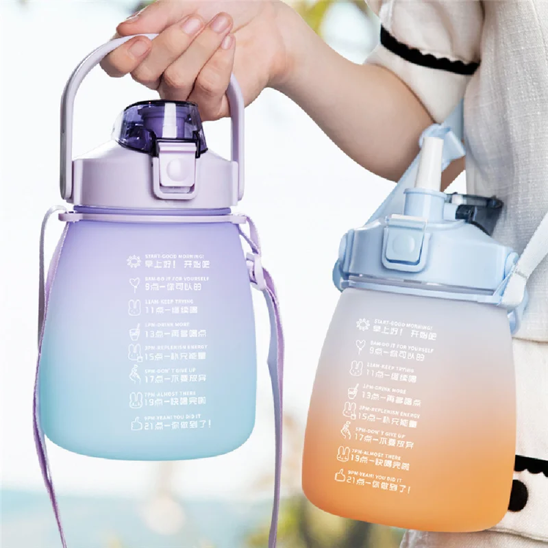 Plastic Water Bottle1.3L With Time Marker Strap Straw Leak Proof Cup Portable Fitness Gym Camping Outdoor Sports Bottle Bpa Free