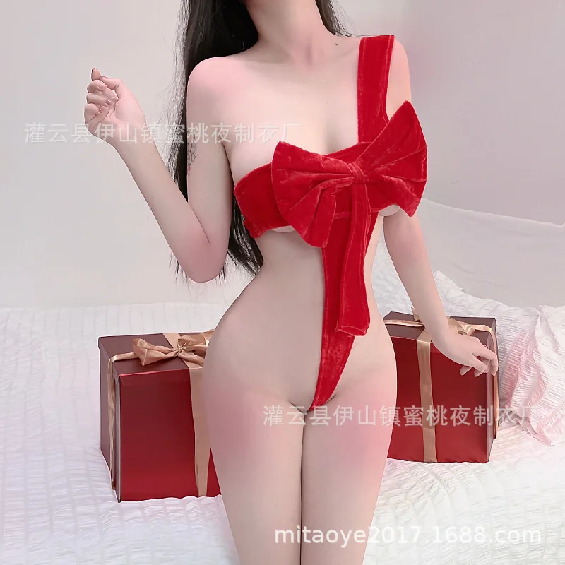 Sexy Christmas Theme Underwear Set with Large Bowtie Gift Uniform Pure Desire Polyester Fabric Roleplay Costume for Women