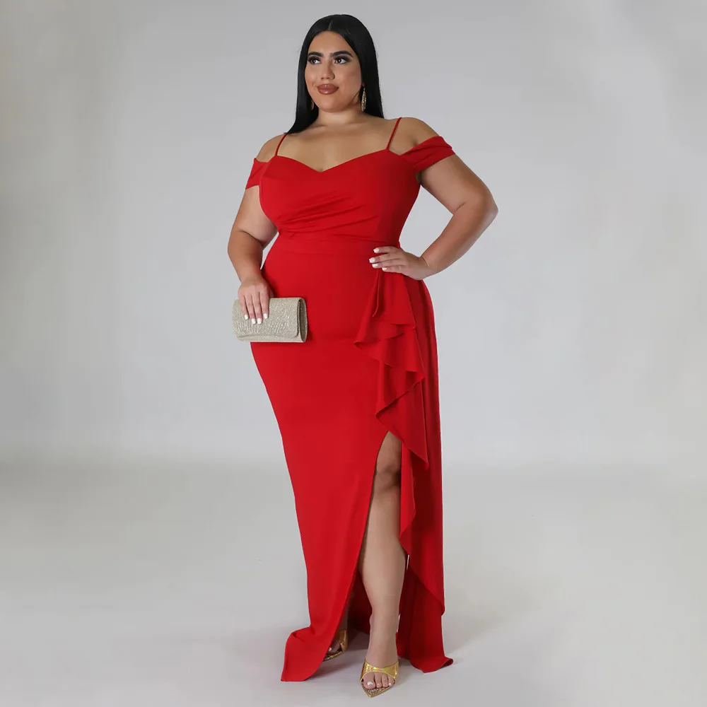 2023 Spring Women Dress Split Ruffle Off Shoulder Evening Dress Female Luxury Design Large Cloth Plus Size Birthday Dinner Robe