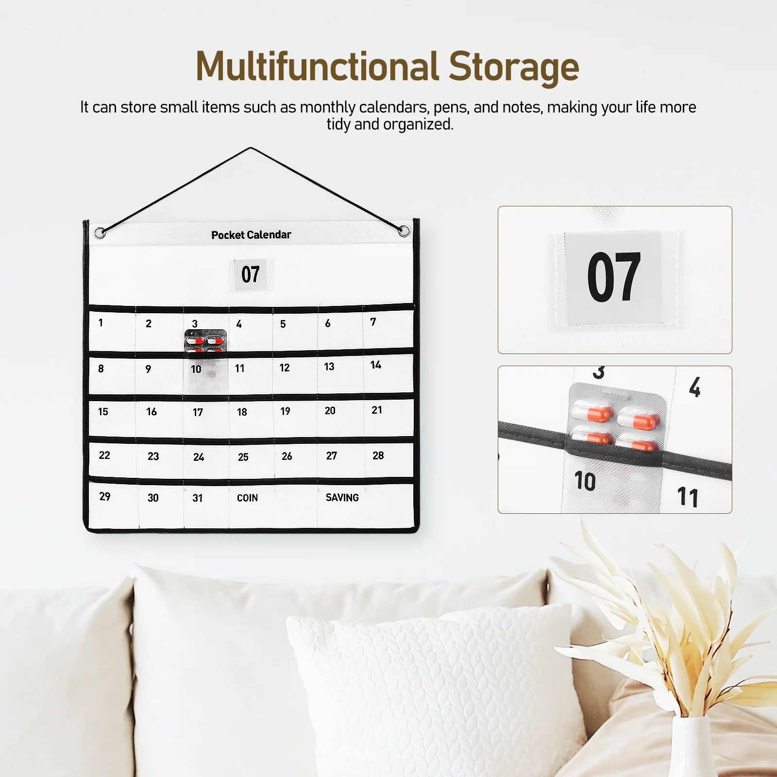 Wall Hanging Calendar Pocket 1 Month Calendar Storage Pocket Small Items Organizer for Household