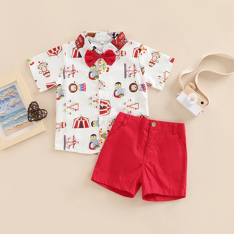 Kids Clothes Toddler Kids Boys 2 Pieces Outfits Farm/Circus Cartoon Animal Print Short Sleeve Shirts Bow Tie + Solid Color Shorts Set